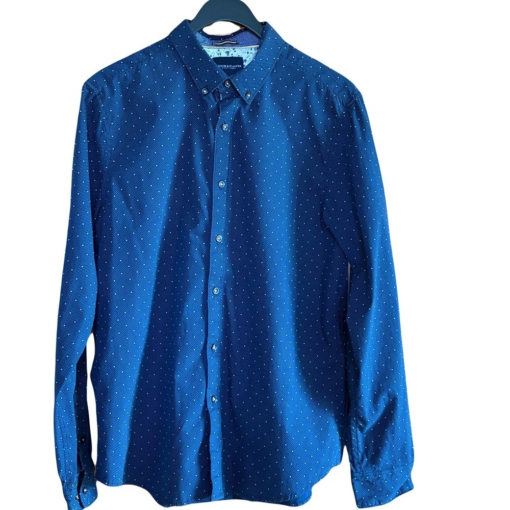 Denim & Flower Ricky Singh men’s Navy Dot-Print Button-Down Shirt size large